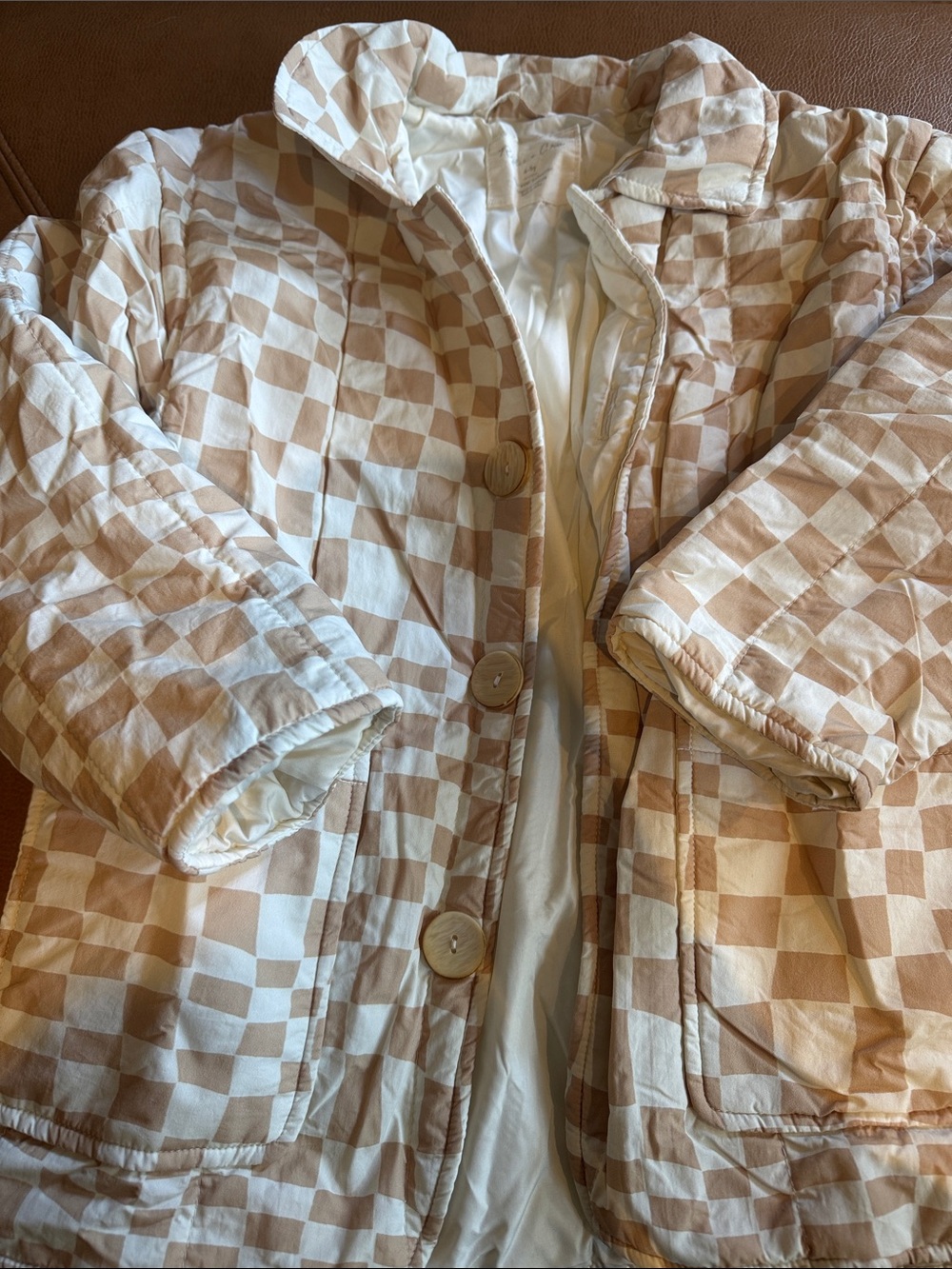 Rylee + Cru Cream and Beige Checker Quilted Jacket sz 4 5 - Picture 3 of 5